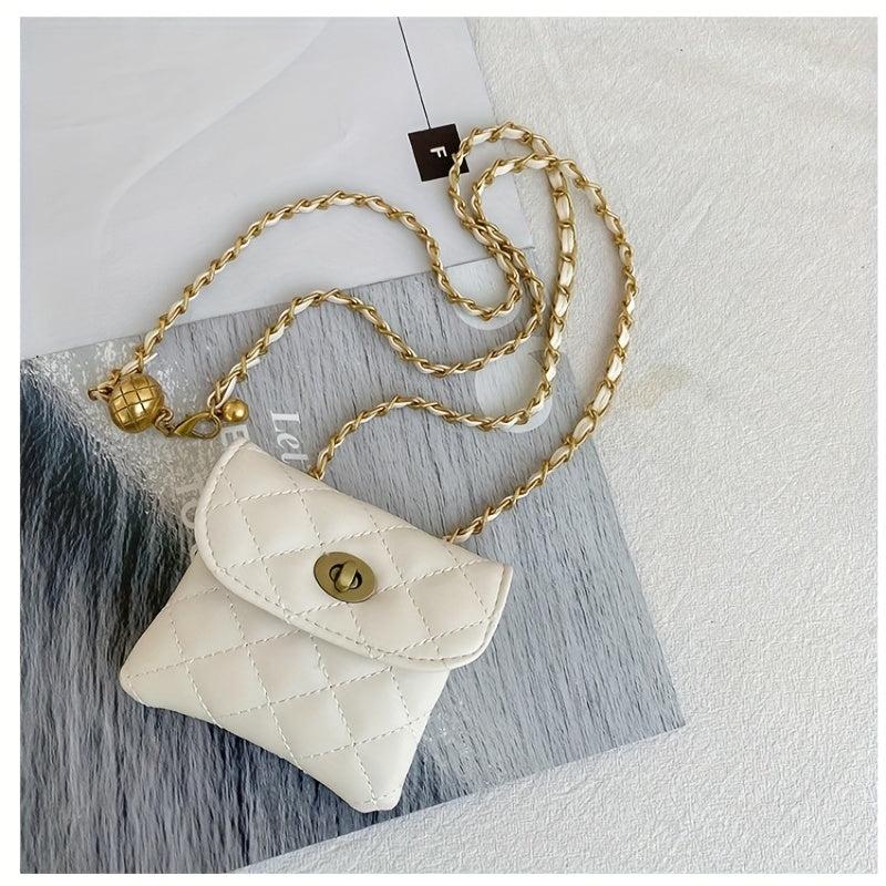 Rhombus Embossed Waist Bag Belt Stylish PU Golden Chain Waist Belt