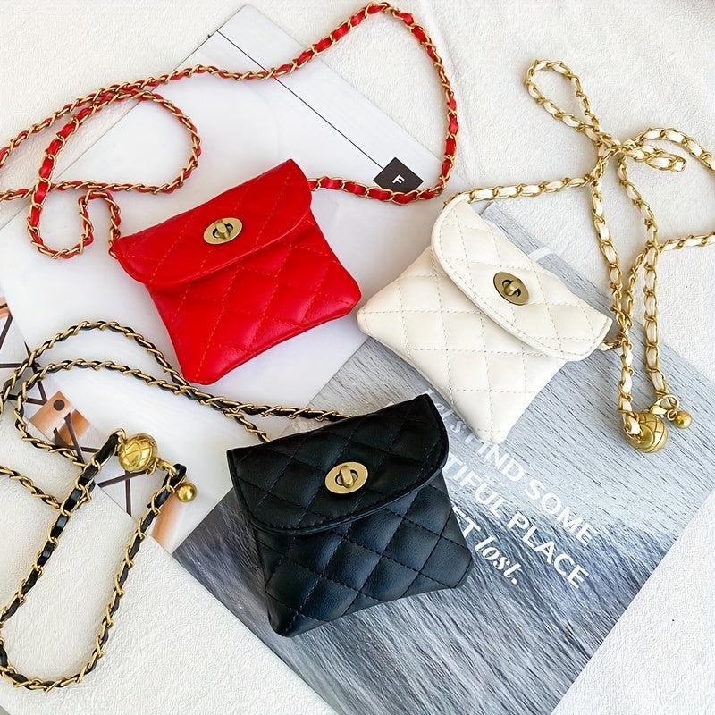 Rhombus Embossed Waist Bag Belt Stylish PU Golden Chain Waist Belt
