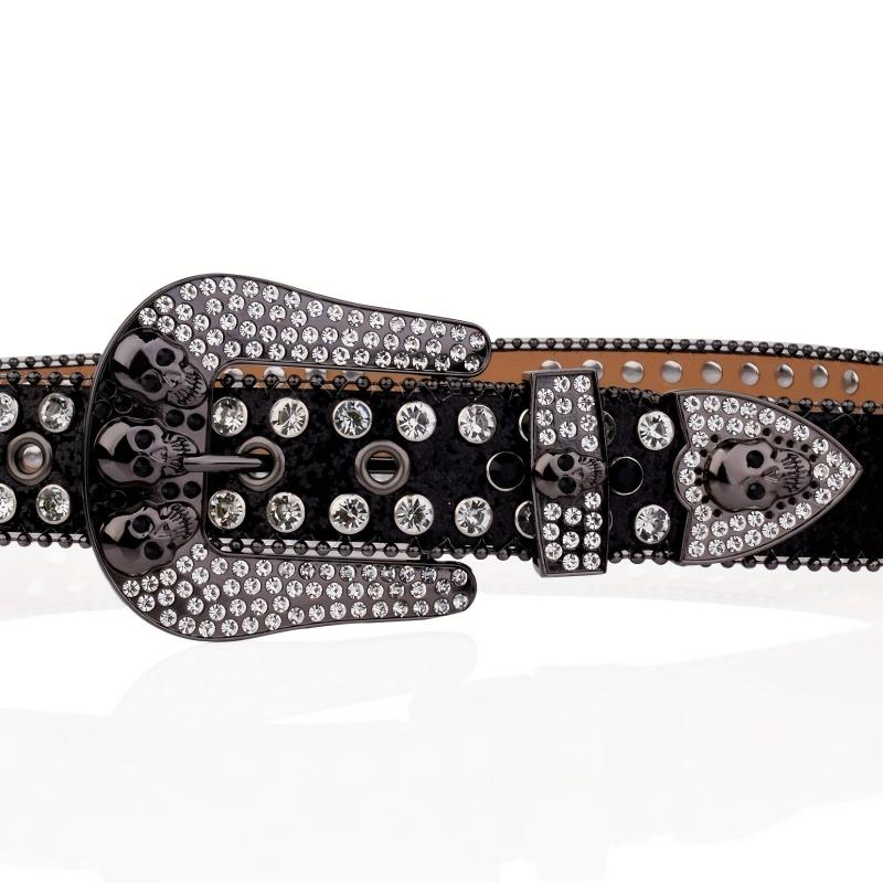 Skull Rivet Buckle Belt Glitter Rhinestone Decor Hip Hop Jeans Pants Belt