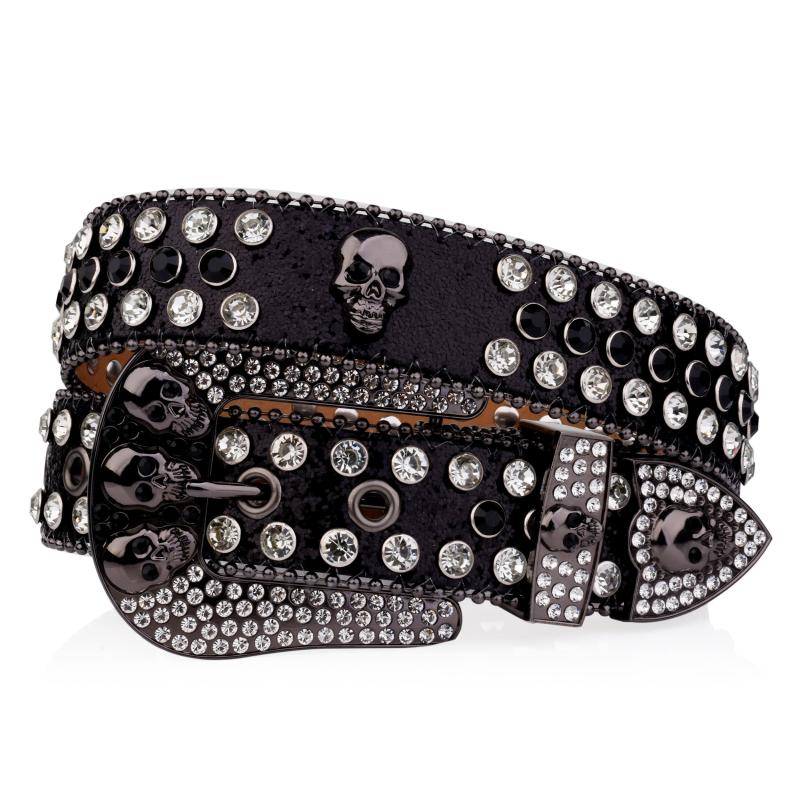Skull Rivet Buckle Belt Glitter Rhinestone Decor Hip Hop Jeans Pants Belt