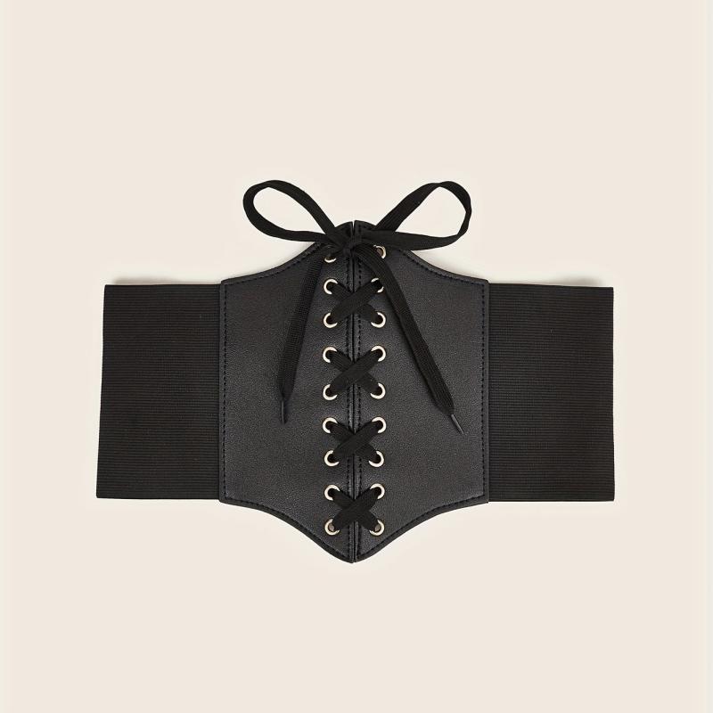 Gothic Lace Up Wide PU Belt Punk Bowknot Elastic Corset Waspie Belt