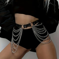 Punk Layer Chain Fringe Belt Rivet PU Leather Harness Belt