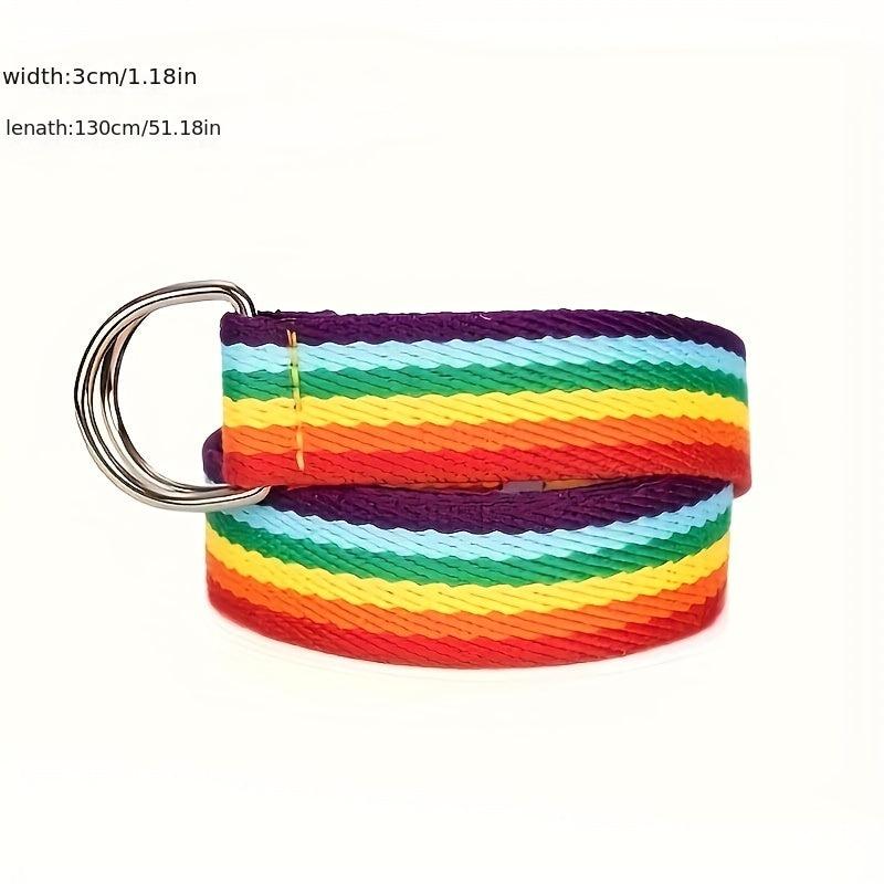 Canvas Rainbow Double D Ring Belt Long Waistband for Couple