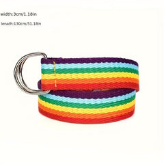 Canvas Rainbow Double D Ring Belt Long Waistband for Couple
