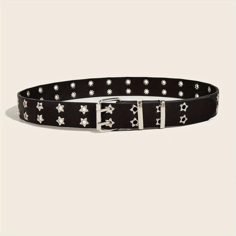 Pentagram Eyelet Rivet Belt Hollow Out PU Leather Belt Hip Hop Jeans Waistband