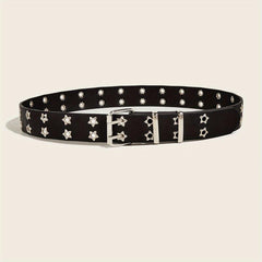 Pentagram Eyelet Rivet Belt Hollow Out PU Leather Belt Hip Hop Jeans Waistband
