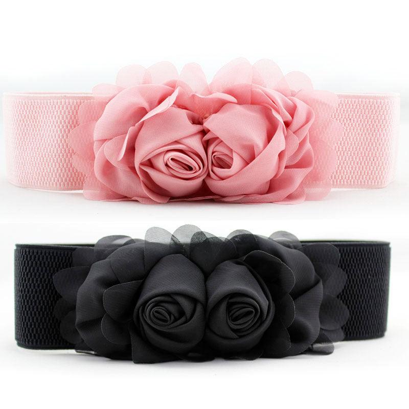 Elastic Wide Belt Lace Flower Buckle Solid Waistband