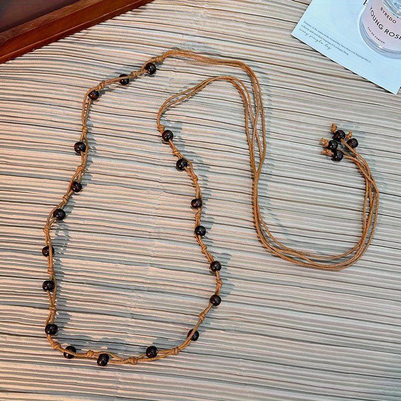 Vintage Braided Beaded Sash Belt Bohemian Waist Chain Bowknot Waistband