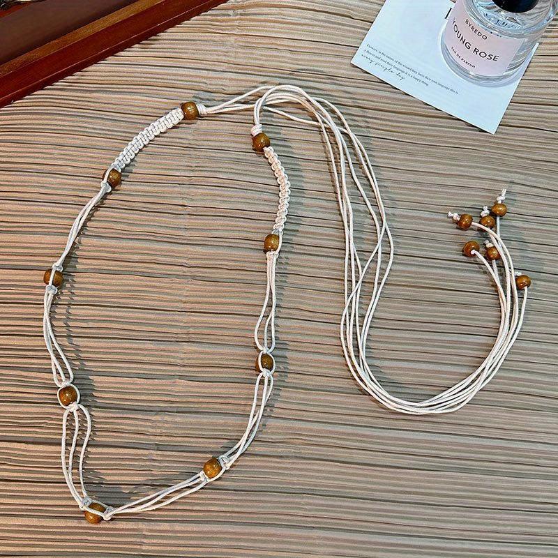 Vintage Braided Beaded Sash Belt Bohemian Waist Chain Bowknot Waistband