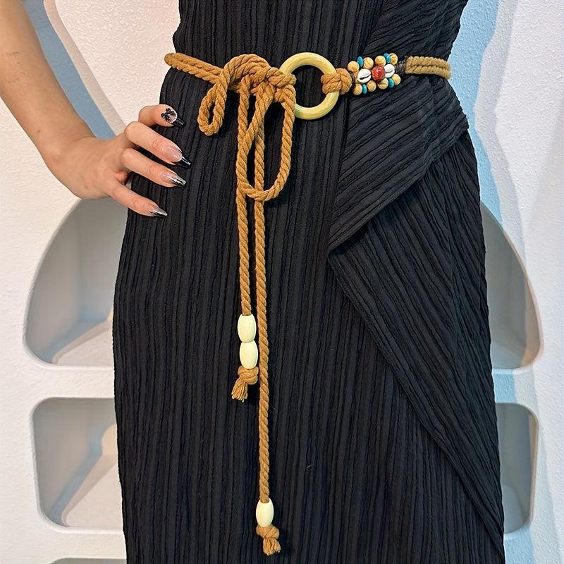 Vintage Braided Beaded Sash Belt Bohemian Waist Chain Bowknot Waistband