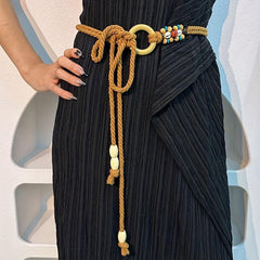 Vintage Braided Beaded Sash Belt Bohemian Waist Chain Bowknot Waistband