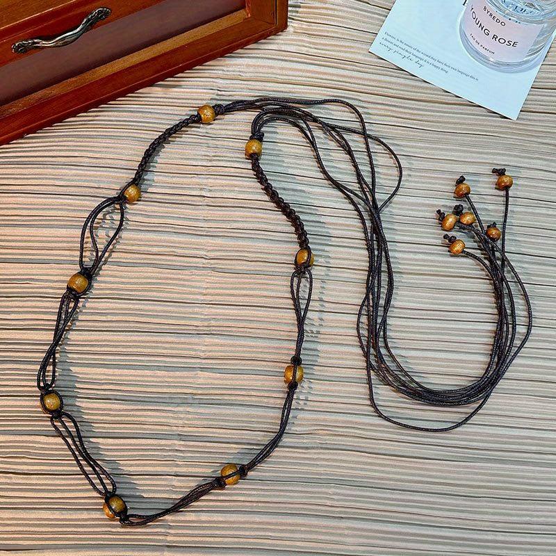 Vintage Braided Beaded Sash Belt Bohemian Waist Chain Bowknot Waistband