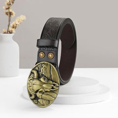 Men's Embossed Leather Belt With Bull Head Buckle Vintage Leather Belt