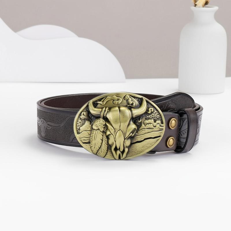 Men's Embossed Leather Belt With Bull Head Buckle Vintage Leather Belt