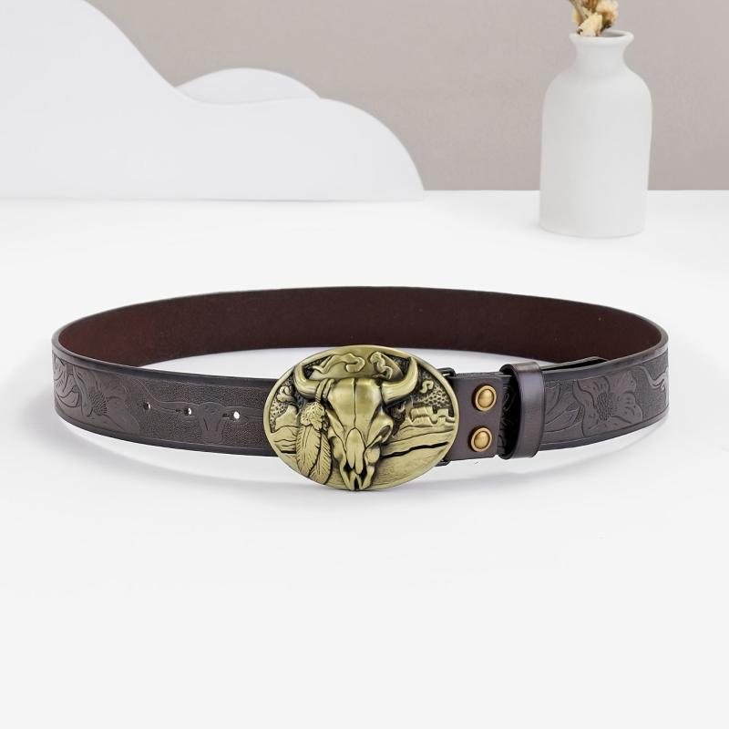 Men's Embossed Leather Belt With Bull Head Buckle Vintage Leather Belt