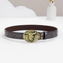 Men's Embossed Leather Belt With Bull Head Buckle Vintage Leather Belt