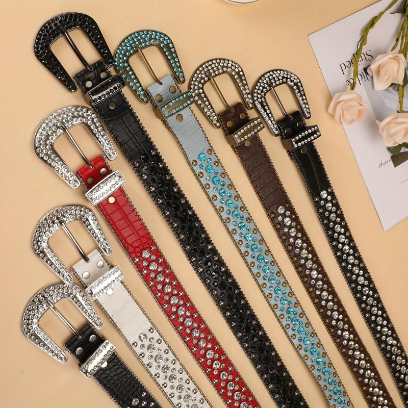 Y2K Rhinestone Belt Crocodile Leather Vintage Cowgirl Cowboy Jeans Dress