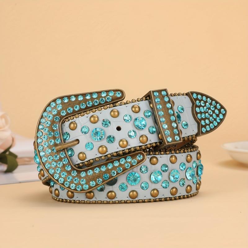 Y2K Rhinestone Belt Crocodile Leather Vintage Cowgirl Cowboy Jeans Dress
