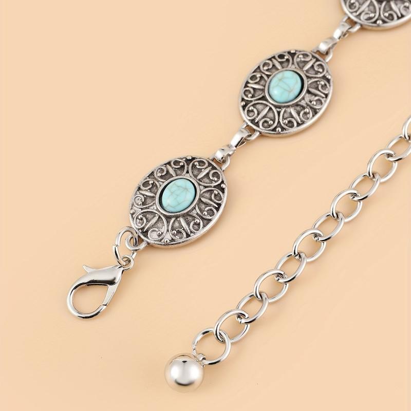 Vintage Western Style Turquoise Waist Chain Engraved Metal Belt