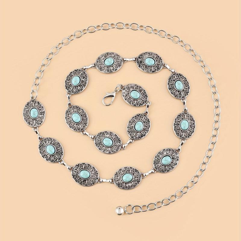 Vintage Western Style Turquoise Waist Chain Engraved Metal Belt