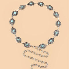 Vintage Western Style Turquoise Waist Chain Engraved Metal Belt