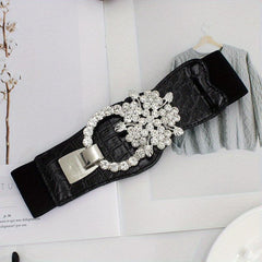Elastic Wide Waistband Rhinestone Buckle Girdle Corset Belt