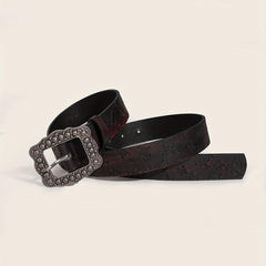 Vintage Carved Buckle Brown Belt Skull Pattern Embossed PU Leather Belt