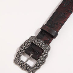 Vintage Carved Buckle Brown Belt Skull Pattern Embossed PU Leather Belt