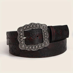 Vintage Carved Buckle Brown Belt Skull Pattern Embossed PU Leather Belt