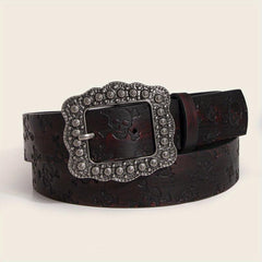 Vintage Carved Buckle Brown Belt Skull Pattern Embossed PU Leather Belt