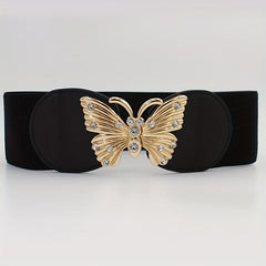 Rhinestone Metal Butterfly Waist Belt Vintage Elastic Wide Dress Belt