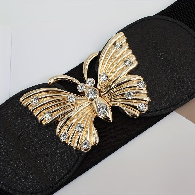 Rhinestone Metal Butterfly Waist Belt Vintage Elastic Wide Dress Belt