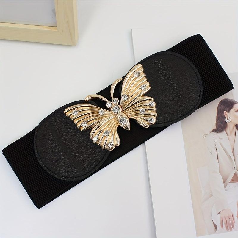 Rhinestone Metal Butterfly Waist Belt Vintage Elastic Wide Dress Belt