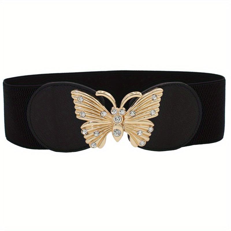 Rhinestone Metal Butterfly Waist Belt Vintage Elastic Wide Dress Belt