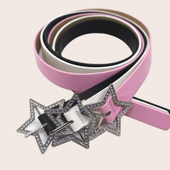 Pink Y2K PU Leather Belt Rhinestone Inlaid Pentagram Buckle Waistband