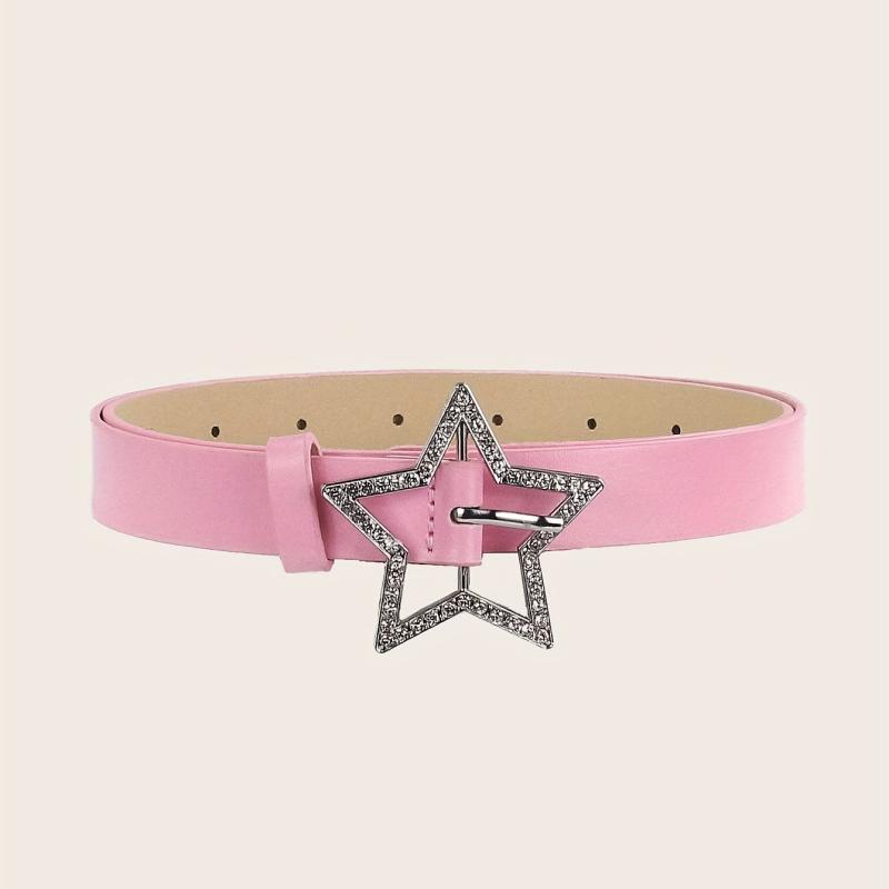 Pink Y2K PU Leather Belt Rhinestone Inlaid Pentagram Buckle Waistband
