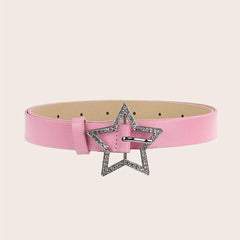Pink Y2K PU Leather Belt Rhinestone Inlaid Pentagram Buckle Waistband