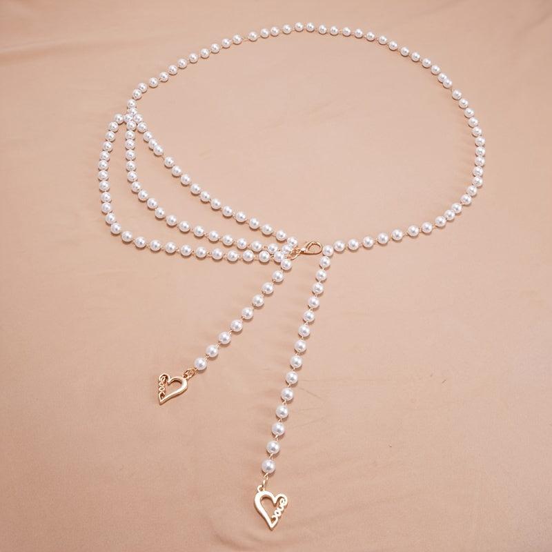 Faux Pearl Waist Chain Belt Floral Decor Sweater Stiletto Belt