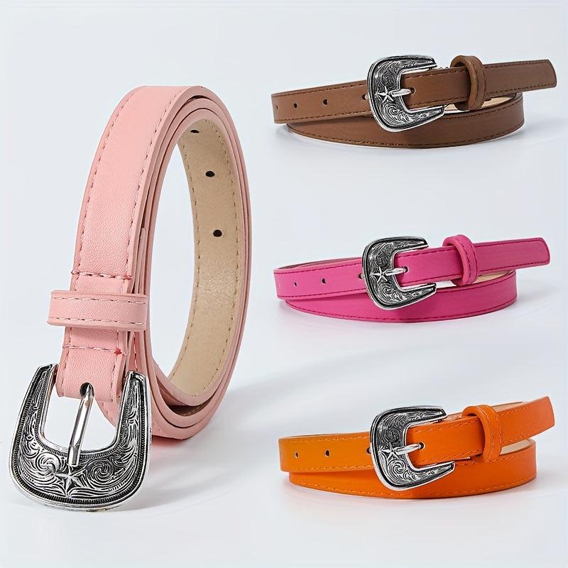 Vintage Carved Buckle PU Belt Classic Candy Casual Waist Belt for Women