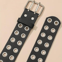 Punk Eyelet Wide Belt Double Pin Buckle Rivet PU Leather Waistband For Women