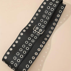 Punk Eyelet Wide Belt Double Pin Buckle Rivet PU Leather Waistband For Women