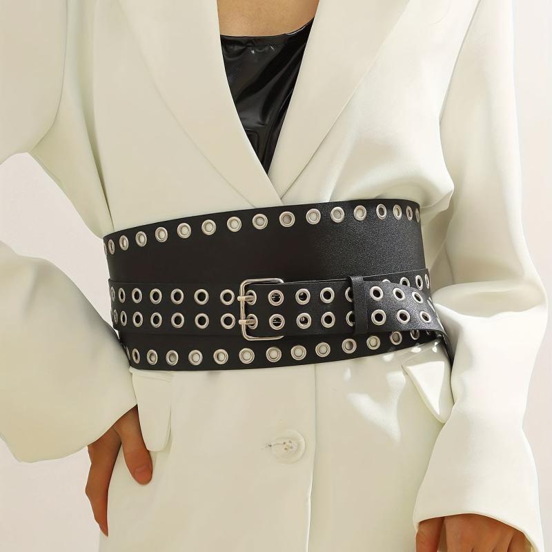 Punk Eyelet Wide Belt Double Pin Buckle Rivet PU Leather Waistband For Women