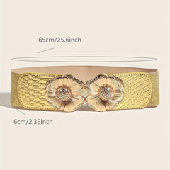 Golden Rhinestone Flower Buckle Belt Elastic Waistband