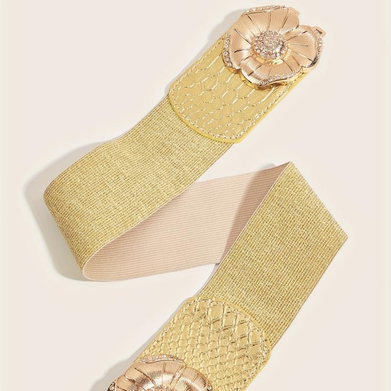 Golden Rhinestone Flower Buckle Belt Elastic Waistband
