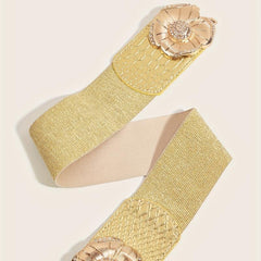 Golden Rhinestone Flower Buckle Belt Elastic Waistband