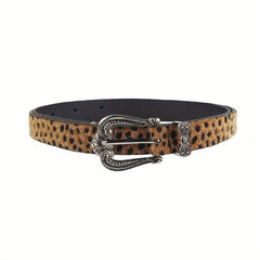 Vintage Carved Buckle Belt PU Leopard Print Western Cowgirl Belt