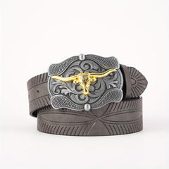 Vintage Golden Bull Head Plate Buckle Men's Leather Belt