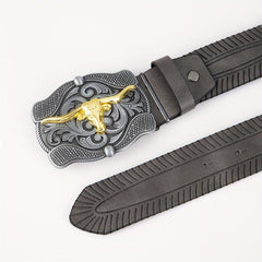 Vintage Golden Bull Head Plate Buckle Men's Leather Belt