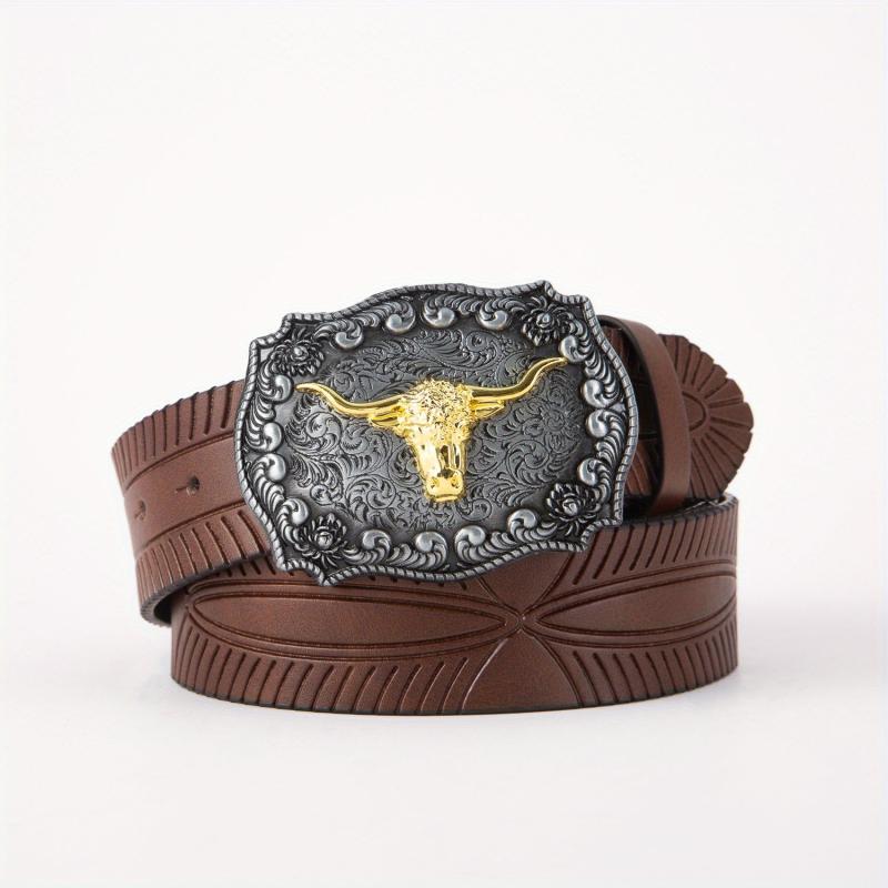Vintage Golden Bull Head Plate Buckle Men's Leather Belt
