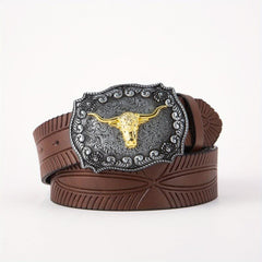 Vintage Golden Bull Head Plate Buckle Men's Leather Belt